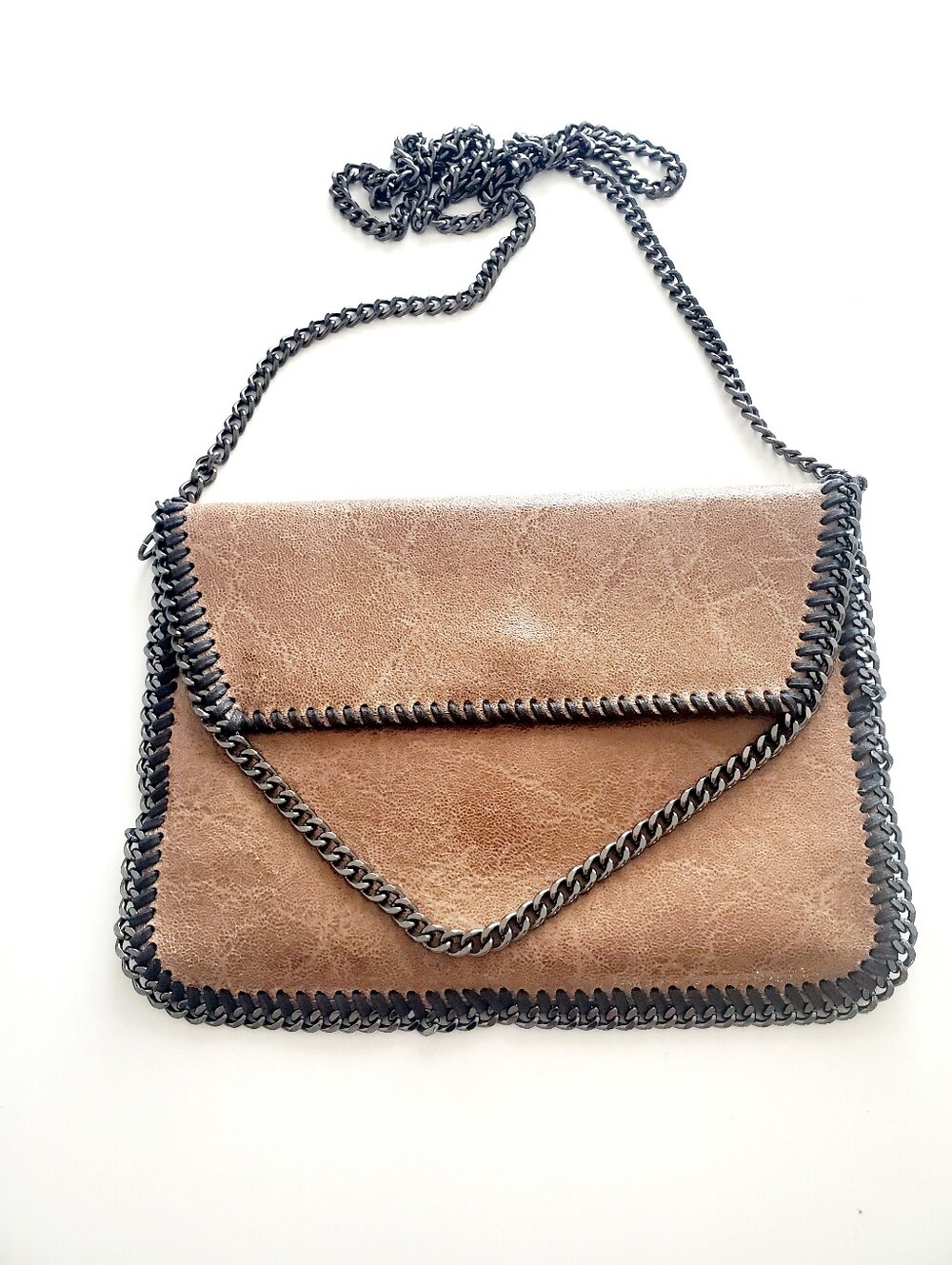 Vera Pelle Tan Envelope Crossbody with Black Chain Trim